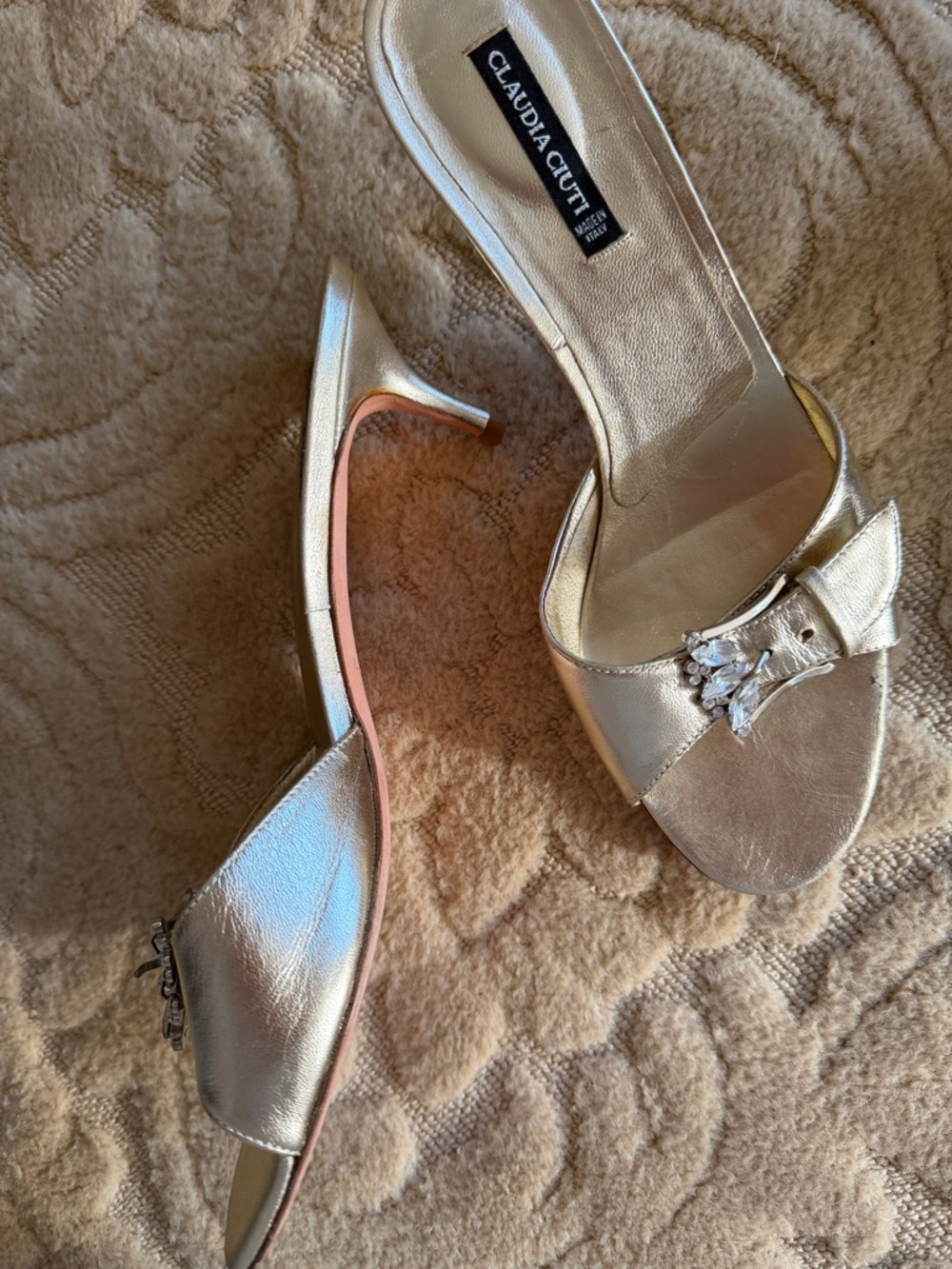 Gold leather womans slide. Size 9 -gorg crystal buckle, kitten heel